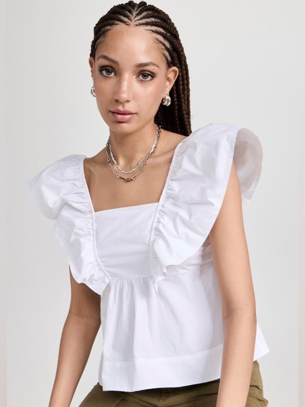GANNI Cotton Poplin Organic Cotton Ruffle Blouse In Bright White size 6 NWT